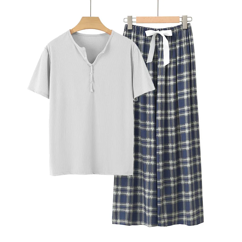 

Breathable Ribbed Pajamas Sets Spring 2pcs V Neck Layering Top Viscose Wide Leg Homewear Lady's loungewear