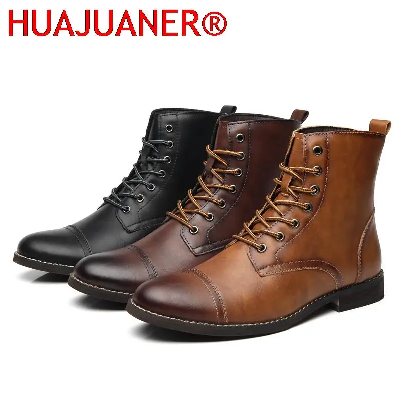 

New Spring Autumn Fashion Brown Leather Men's High Boots Pointed Motorcycle Boots Men Outdoor Waterproof Ankle Boots Big Size 48