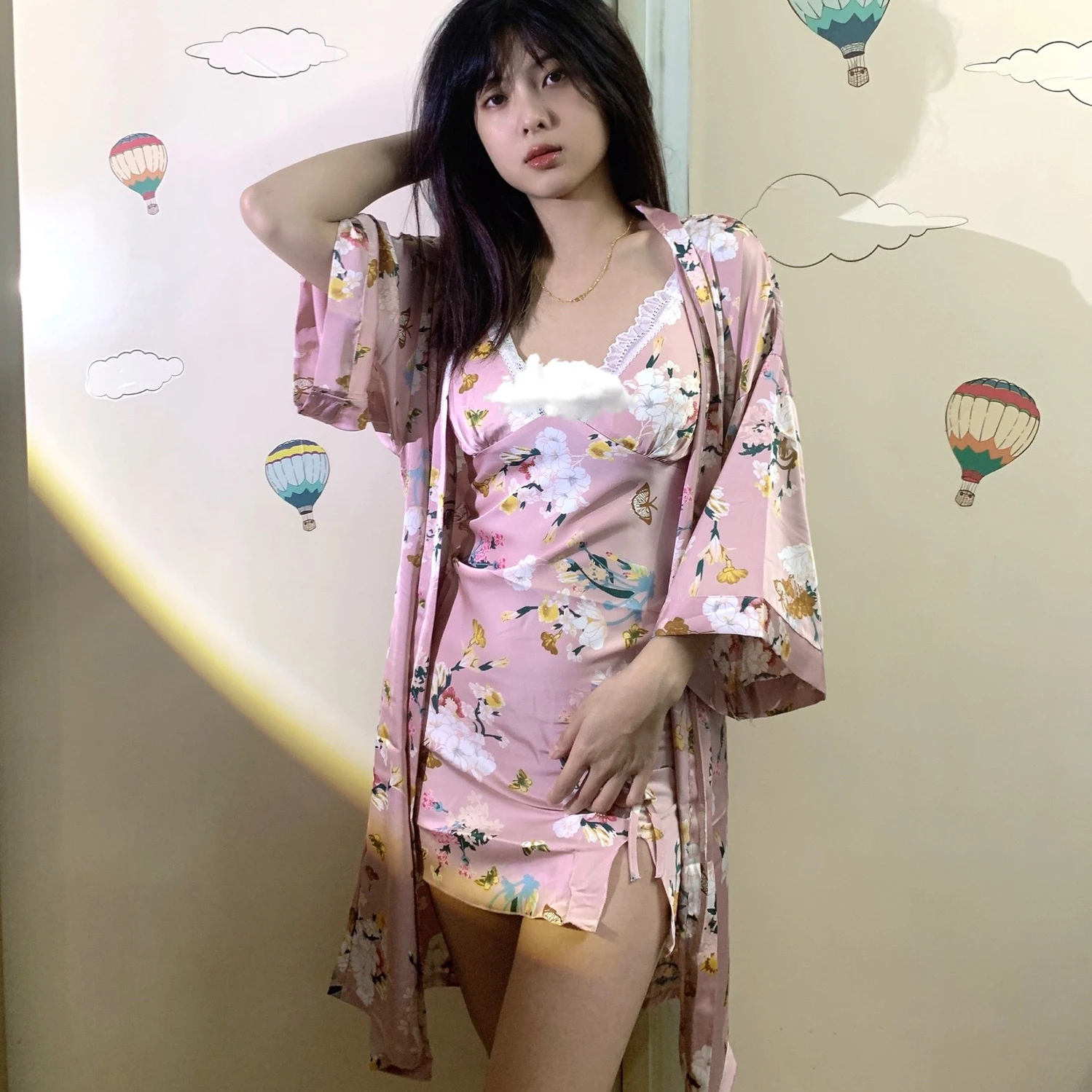 Lace Patchwork Sleepwear Silk Satin Nightgown Women Sexy Print Flower Pajamas Casual Bathrobe Gown Lingerie Spaghetti Strap