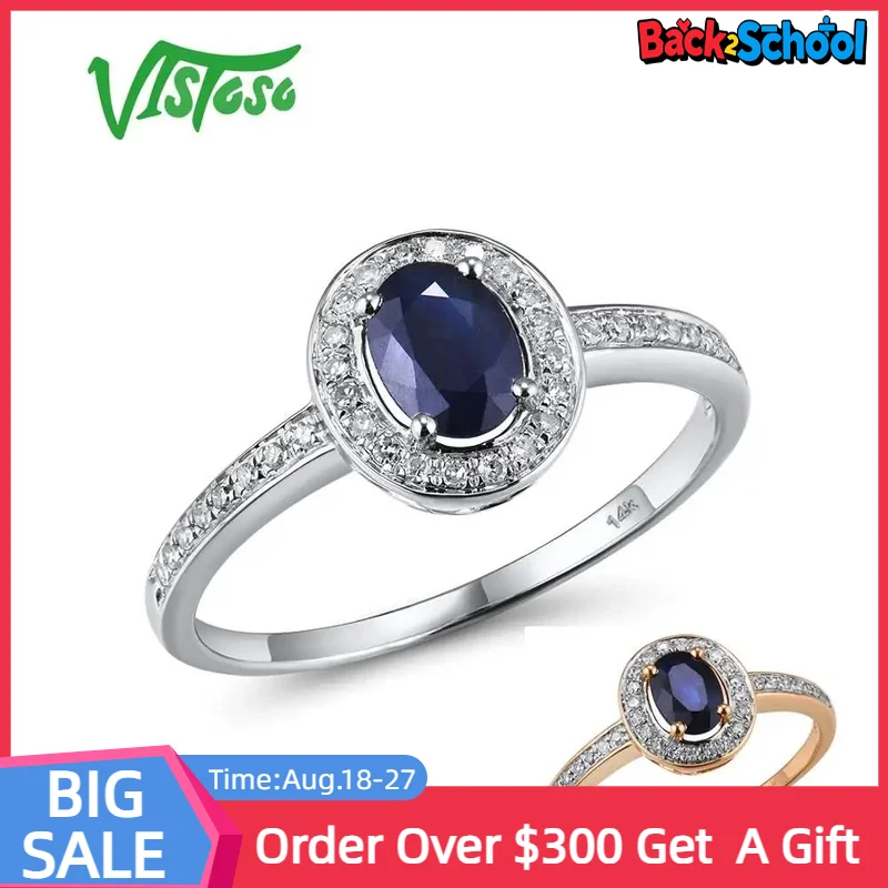 

VISTOSO 14K White Gold Rings For Women Genuine Sparkling Diamond Fancy Blue Sapphire Engagement Anniversary Unique Fine Jewelry