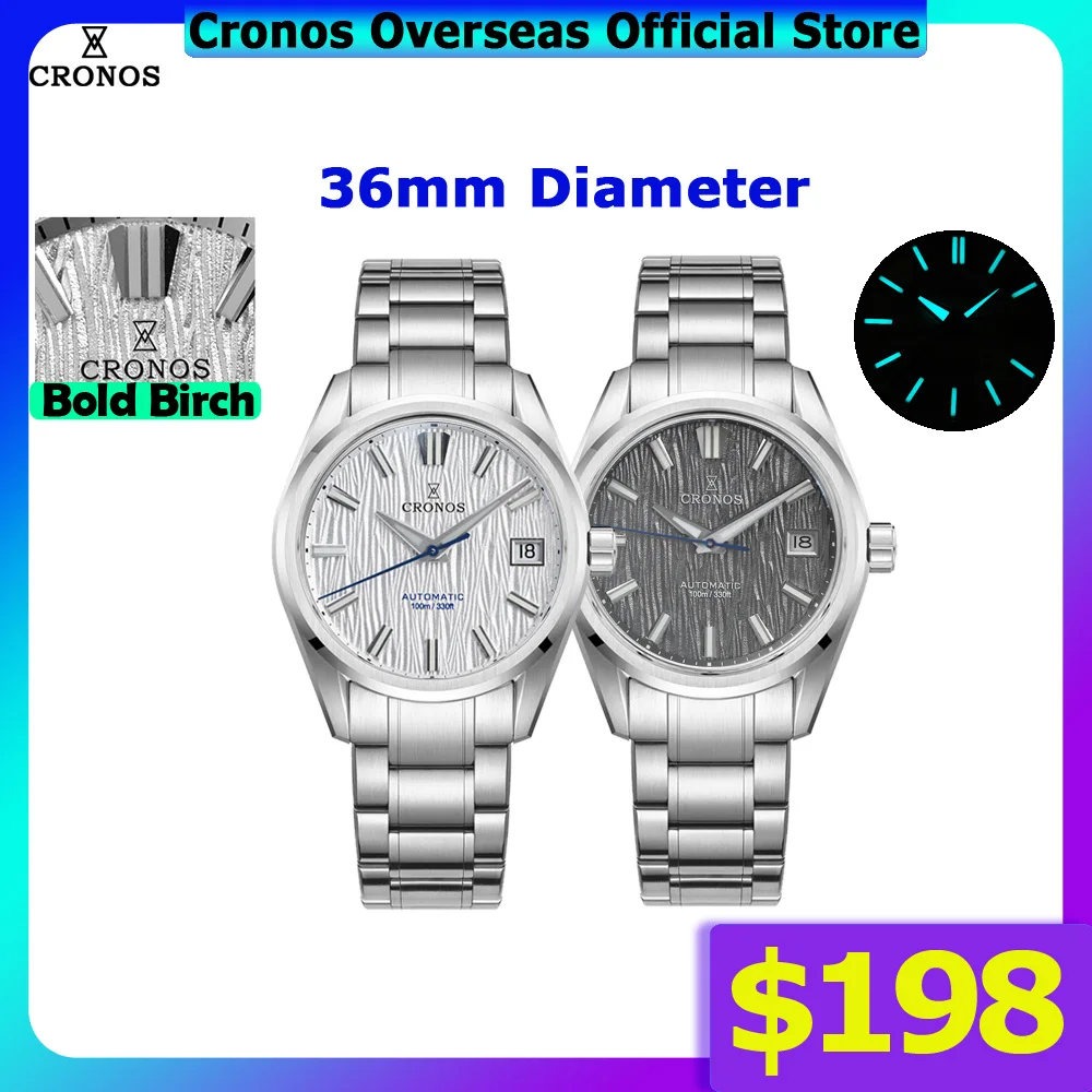 Cronos Men Watch 36mm Automatic PT5000 Miyota 9015 Movement Wristwatches White Dial Birch Pattern Sapphire 10 ATM L6048M