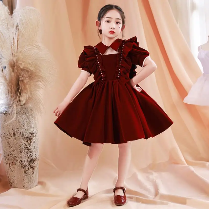 2024 New Baby Baptism Velvet Evening Gown Kids Host Wedding Birthday For Puff Sleeves Frocks Girls Formal Elegant Dresses A3395