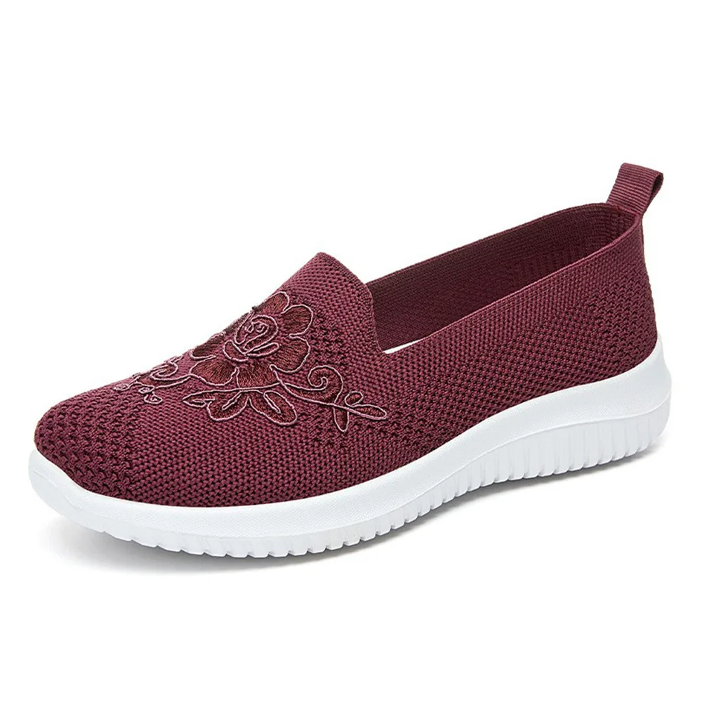 Flower Embroidery Knit Mesh Slip On Shoes Women Breathable Non Slip Soft Sole Daily Comfort Walking Casual Sneakers view 5