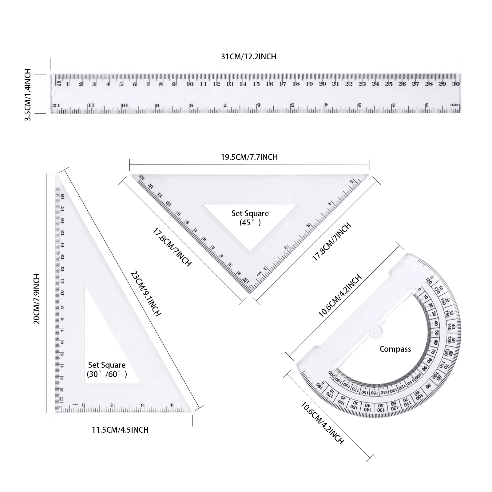 Eagle 4PCS Ruler Set Drawing Ruler Measurement Geometry Triangle Ruler Straightedge Protractor School&Office Stationery