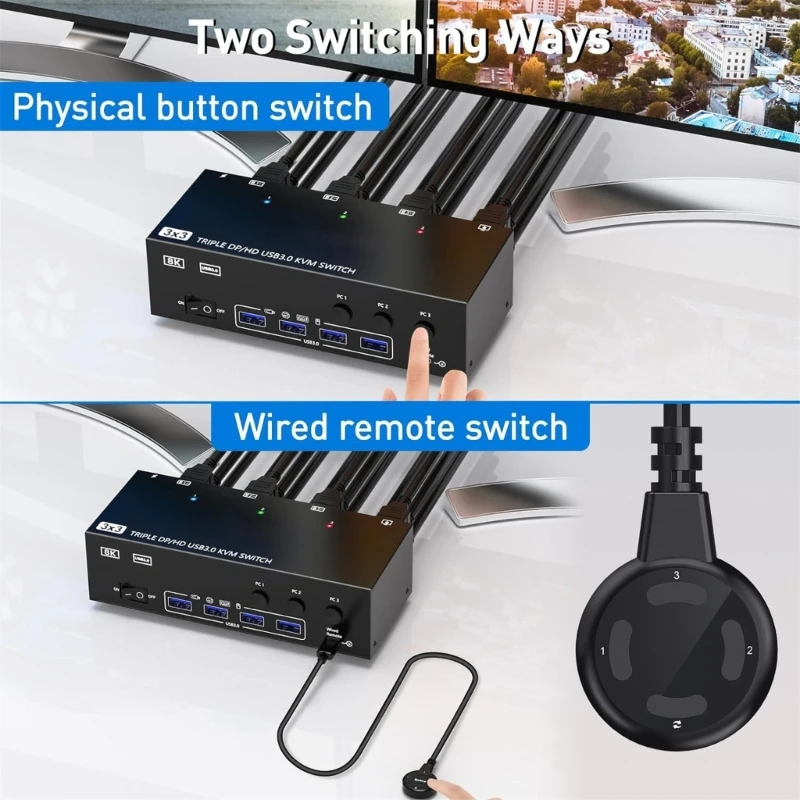 

Efficient HDTV USB3.0 KVM Switchs for Multiple Monitors 8K@60Hz 4K@144Hz Triples Monitor KVM with 4 USB3.0 Port KVM Port