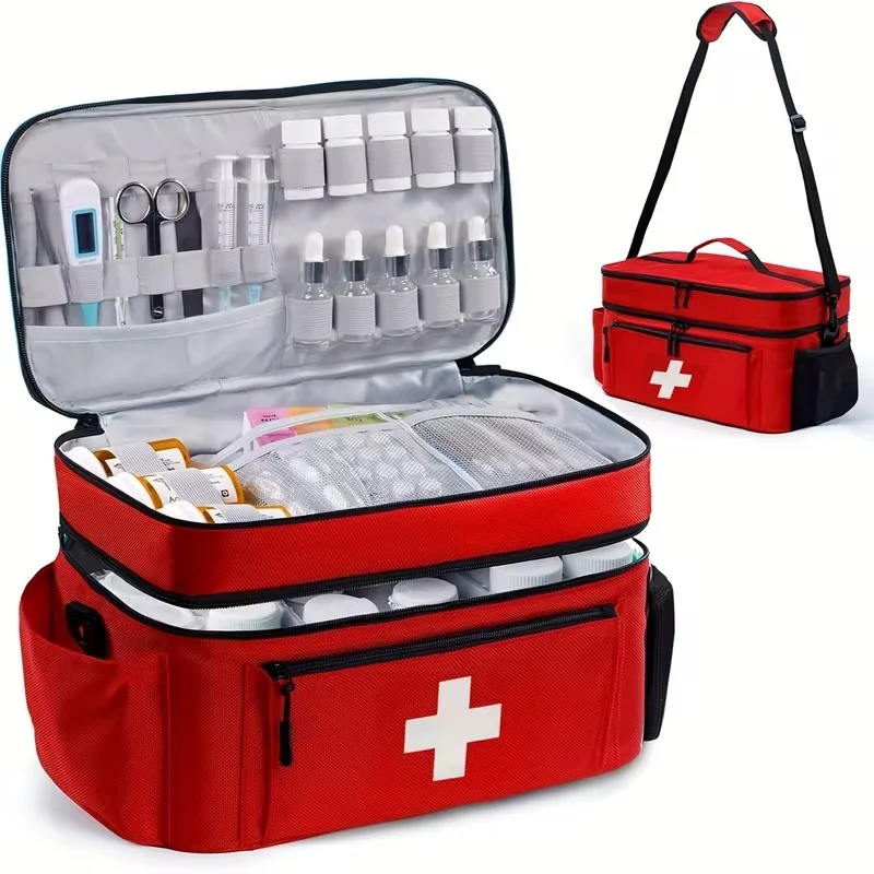 Compact two-tier first aid bag with large compartments, front zippered pocket, and multiple carry styles ideal for travel