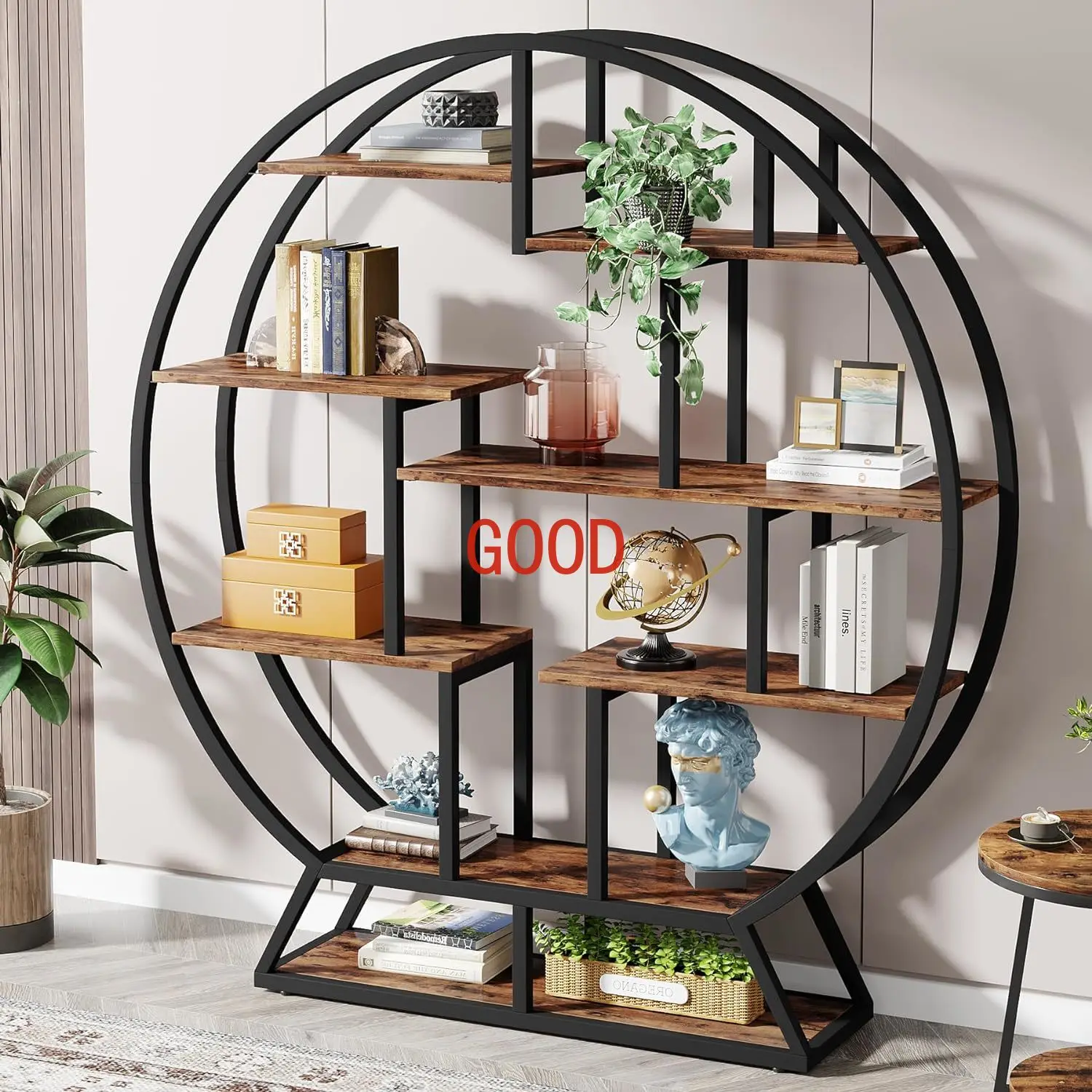 

Tribesigns Bookshelf, Round Bookshelves Etagere Bookcase, 63-Inch Industrial Wood Book Shelf with Staggered Shelves, Rustic Open