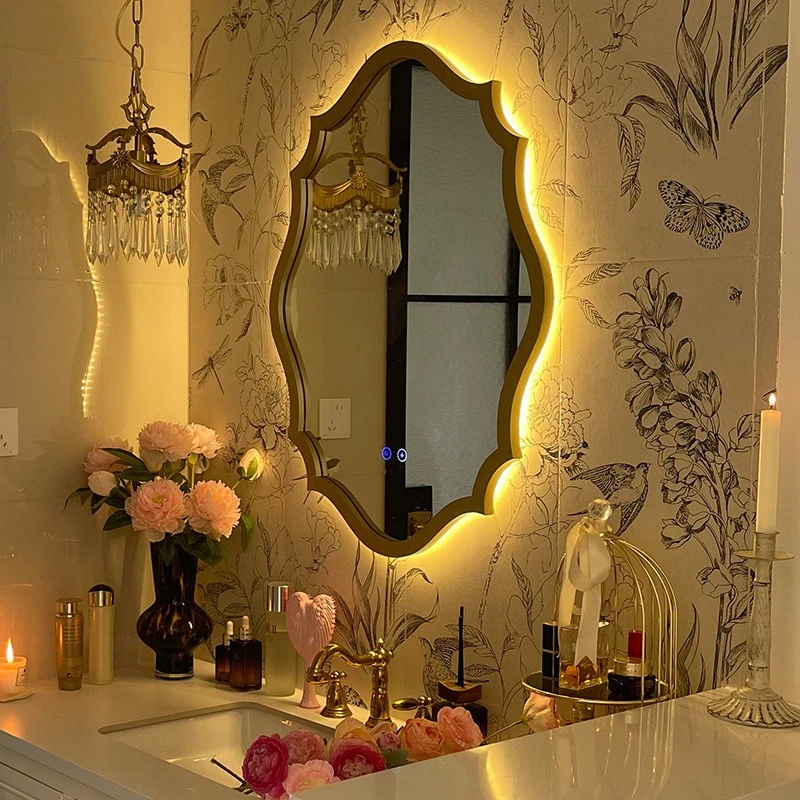 

French oval wooden smart touch washbasin bathroom wall-mounted fill light special-shaped mirror