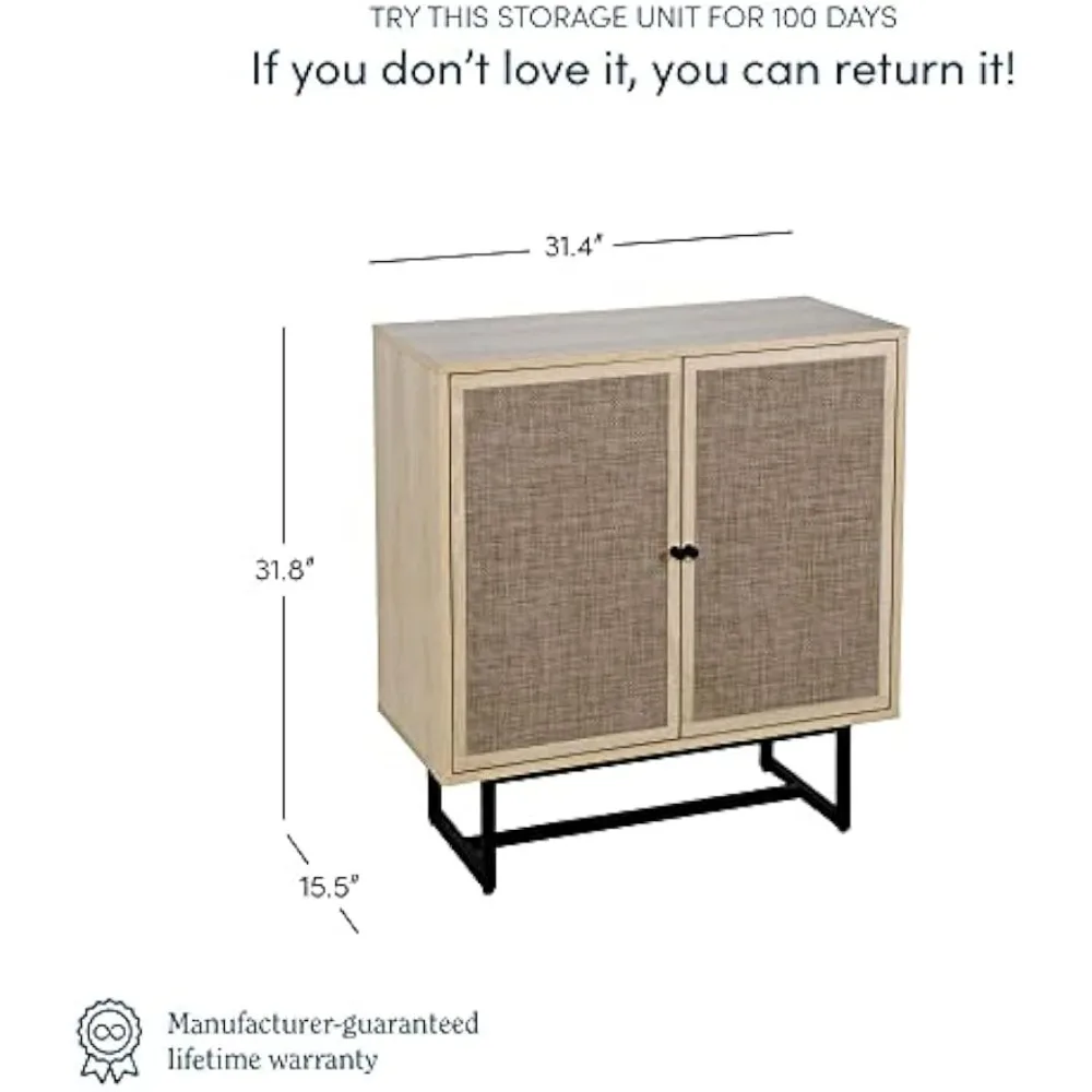 Kova Accent Sideboard Storage Cabinet in Light Wood and Rattan with Metal Frame, Adjustable Shelves and Cane Doors, for Hallway