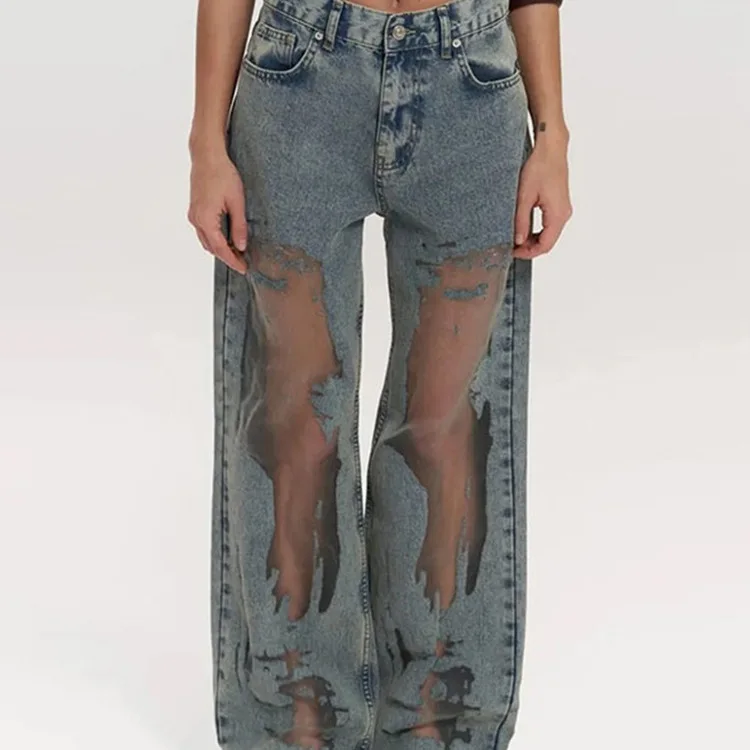 

Retro Hollow Jeans For Women Summer Hot Girls Mesh Patch Loose Women's Clothing Y2k Fashion High Waist Loose Wide-leg Pants