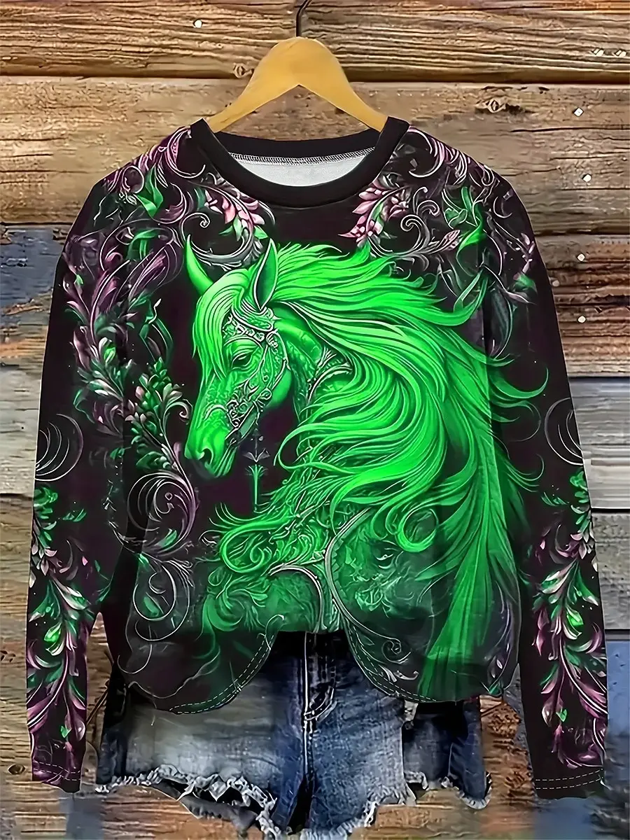 Camiseta de manga larga con estampado 3D de caballo a la moda para mujer, camisetas informales de otoño para regalos de vacaciones, camisetas para Festival, ropa Harajuku para mujer