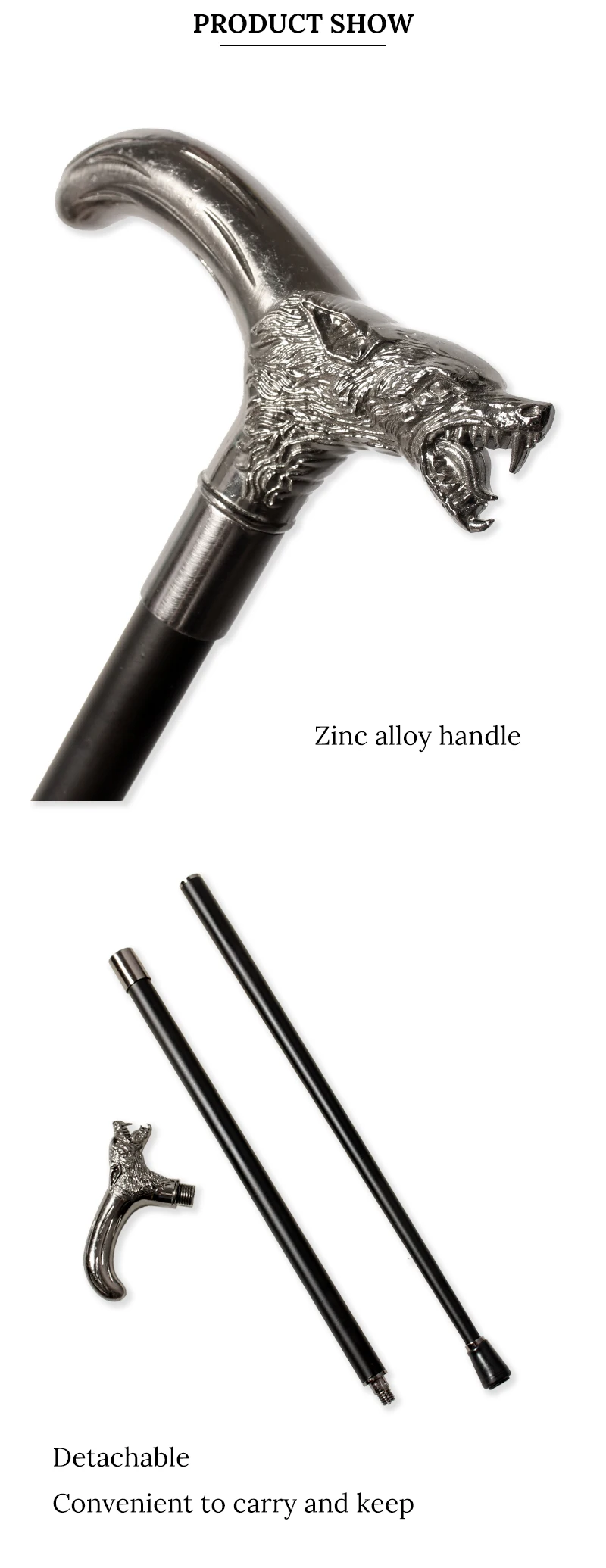 Antique Silver Alloy Wolf Head Walking Cane with Curved Handle Detachable Decorative Stick for Cosplay Party Prop for Men And W