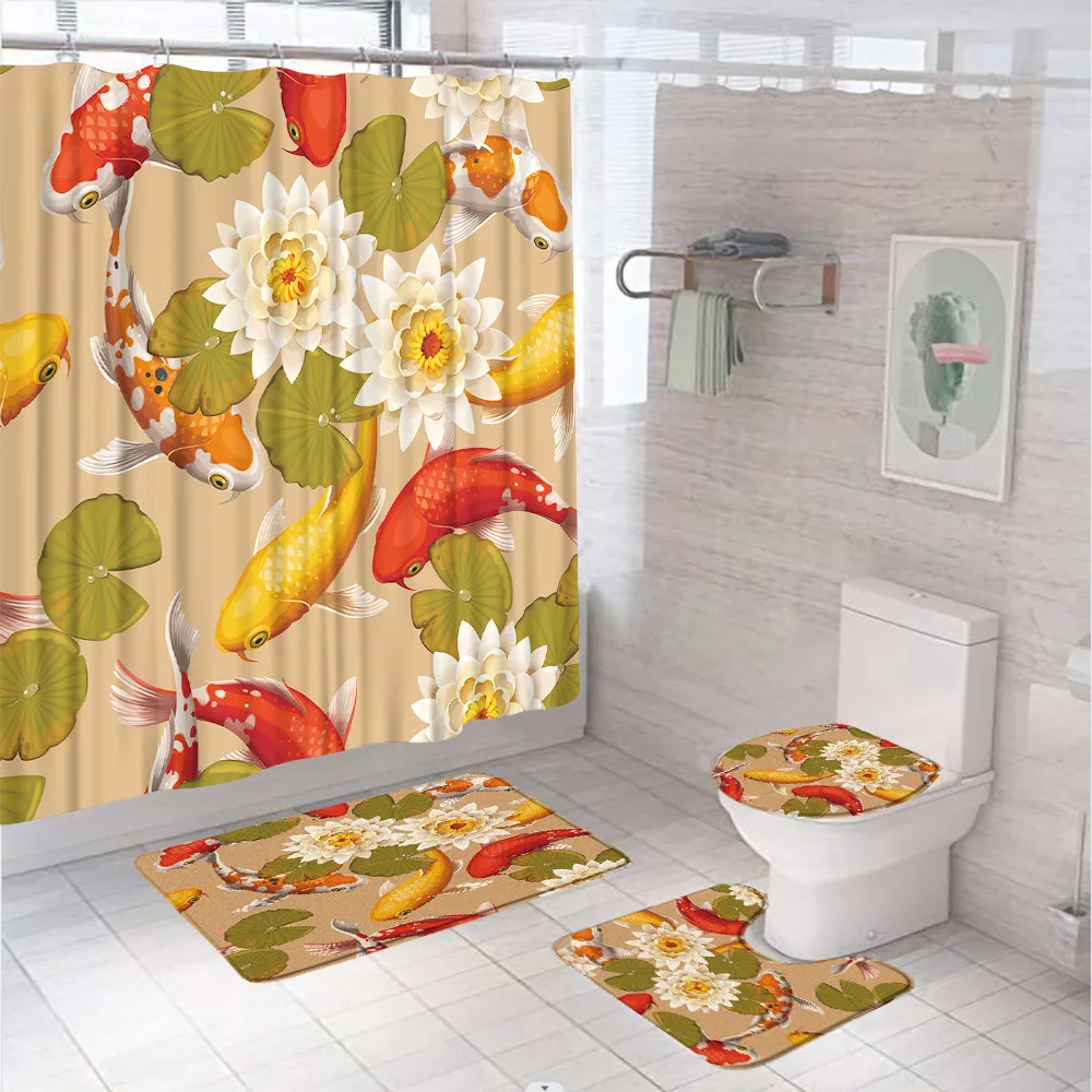 Fish Shower Curtain Sets Dolphins Turtles Lotus Brocade Carp Flower Leaf Fabric Bathroom Curtains With Bath Mat Rug Toilet Cover