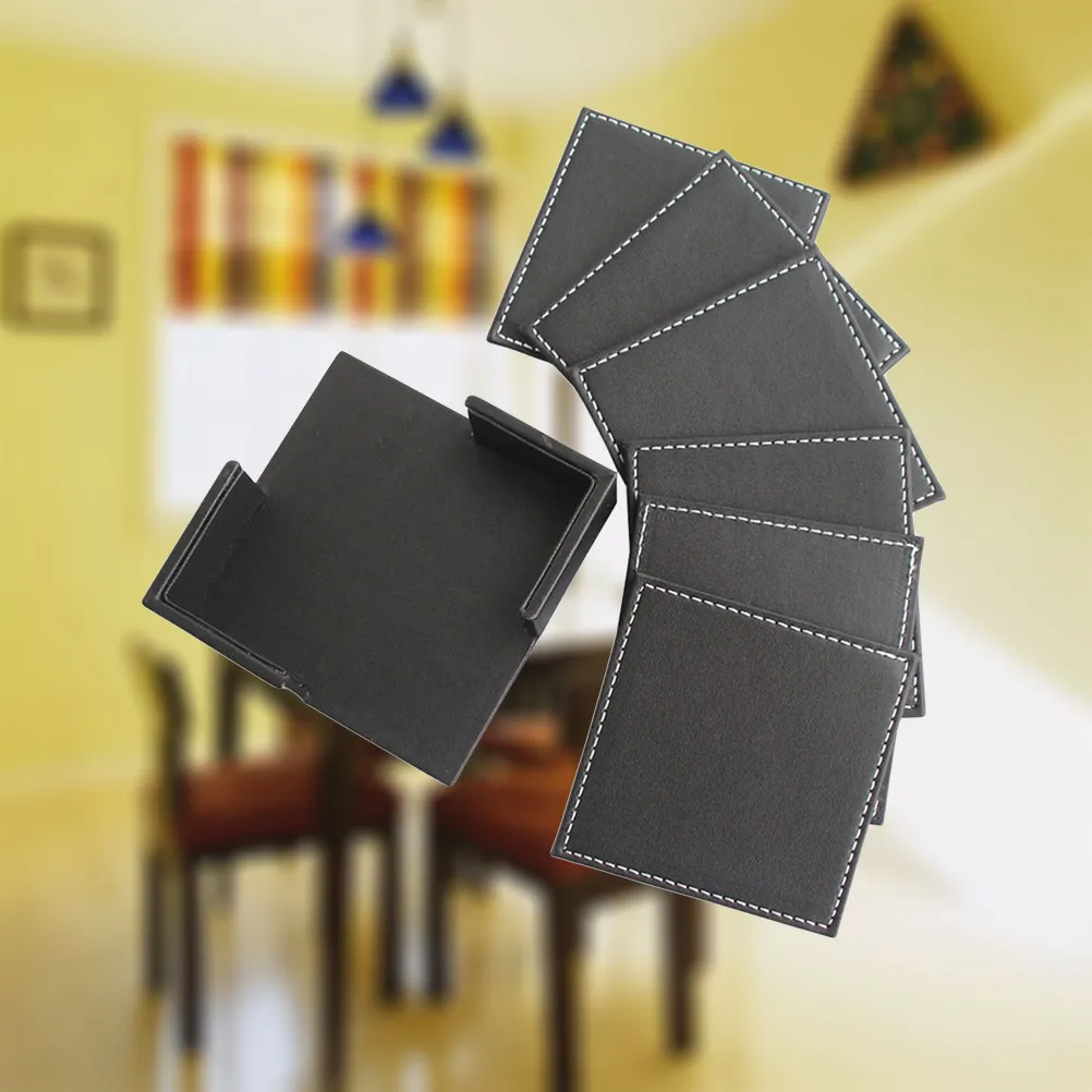 6Pcs PU Coaster Set Square Heat Resistant Table Mat Holder Black Premium Double Layer Cup Glass Placemat Dining Mat