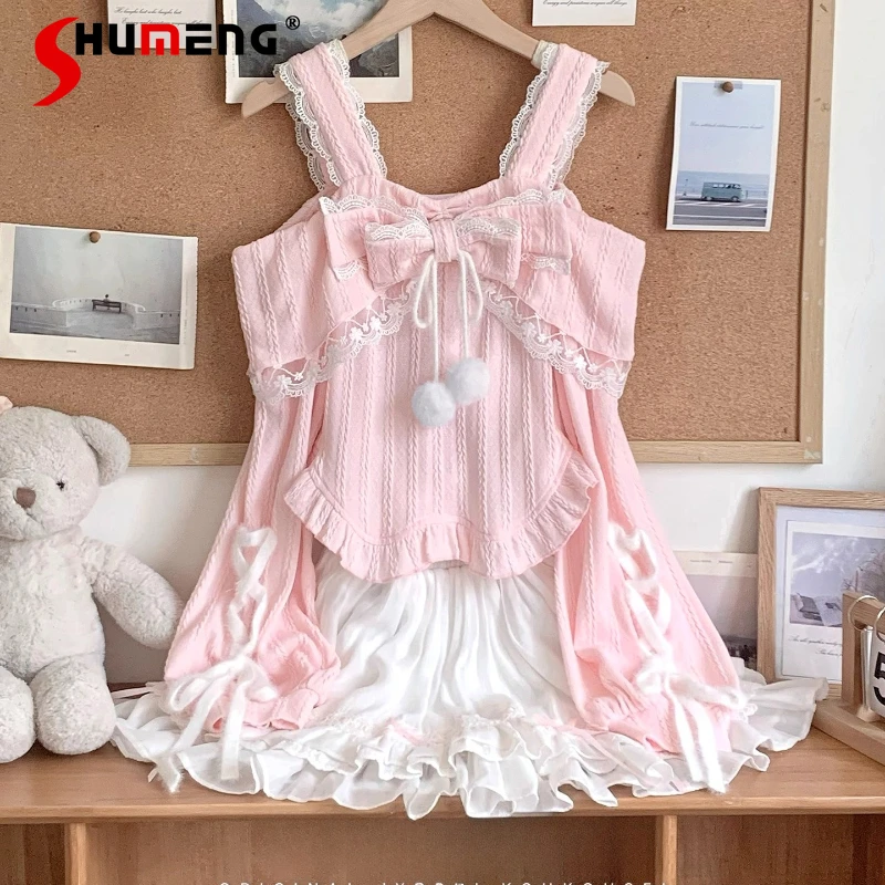 

Japanese Original Design Sweet Cute Bowknot Off-Shoulder Long Sleeves Pullover Top 2025 Early Autumn New Pink T-shirts Ladies