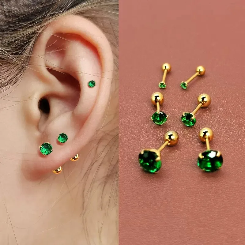 1 par de pendientes de tragus verdes, pendientes redondos pequeños con forma de lóbulo, Piercing para cartílago, joyería de hélice, pendientes de Piercing con barra Cz