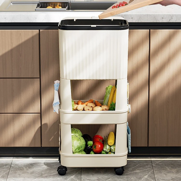 Kitchen trash can, household large capacity sliding cover, movable double-layer high design, bending free Japanese style storage