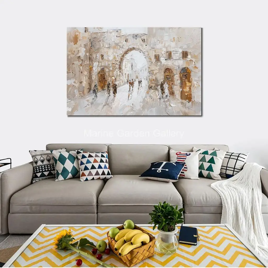 Textured Judaica Art Canvas Oil Painting Handmade Jerusalem Landscape Jewish Artwork Contemporary Dining Room Restaurant Decor
