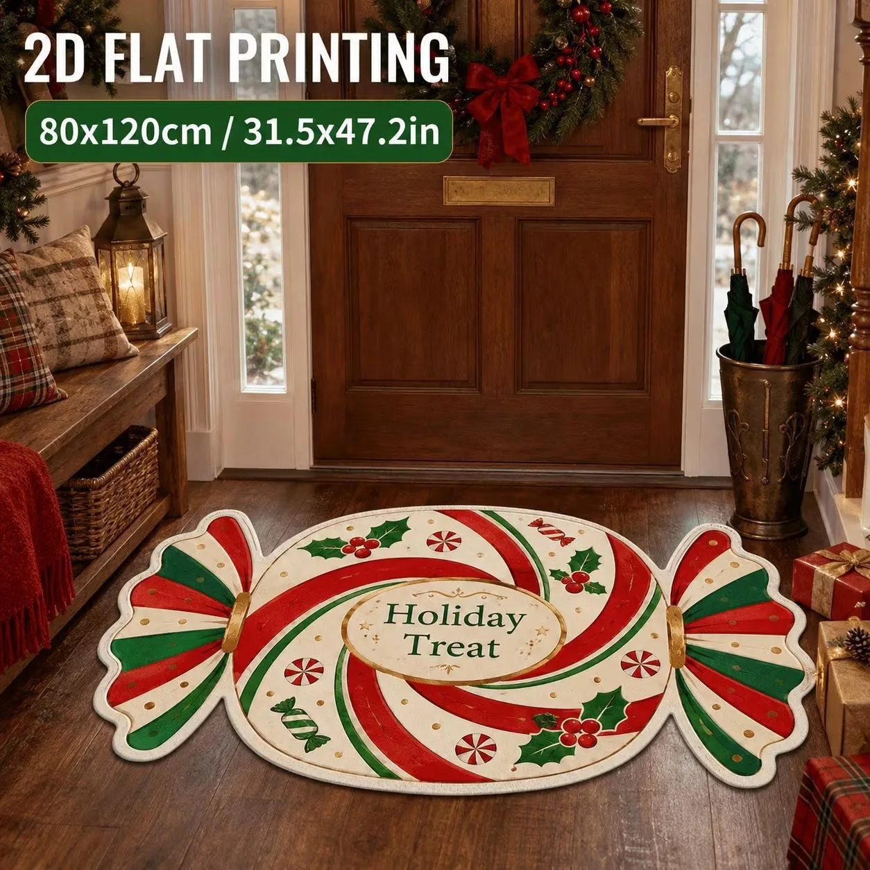 VIKAMA Red Merry Christmas Santa Sleigh Reindeer Door Mat, Non Slip Absorbent Soft Plush Mat Front Door, Xmas Decor Gift