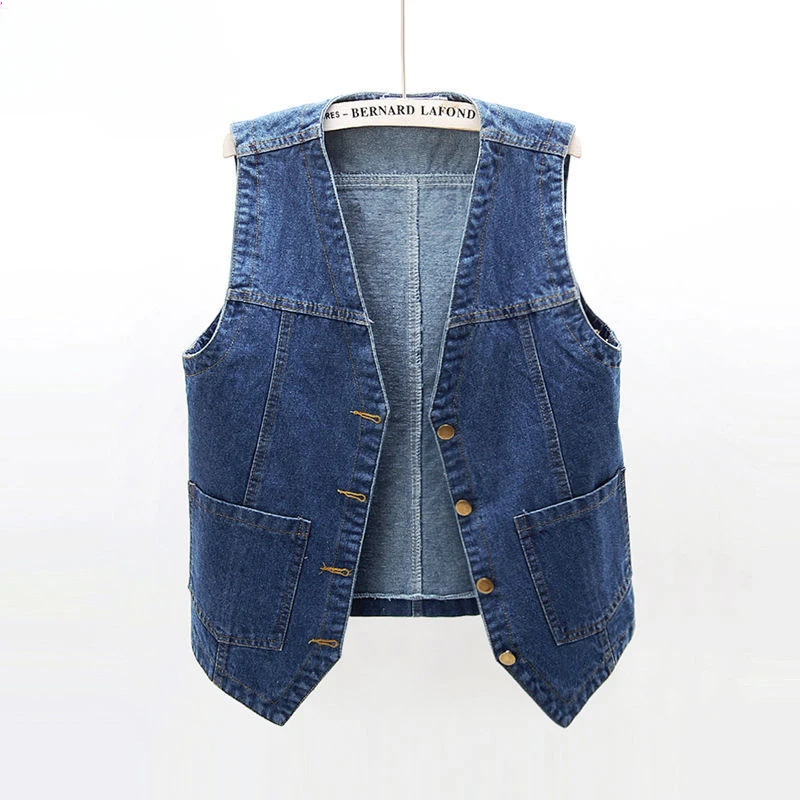 

Vintage Blue V-Neck Denim Vests Women Single-Breasted Summer Jean Sleeveless Jacket Bf Style Basic Waistcoat Wash V1663