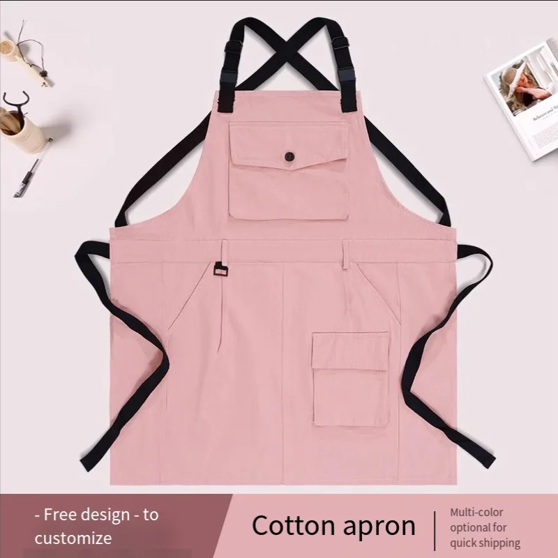 

Beautiful Custom Logo Cotton Polyester Pink Advertising Polish Salon Nail Tech Aprons Big Pockets Beauty Salon Apron for Women