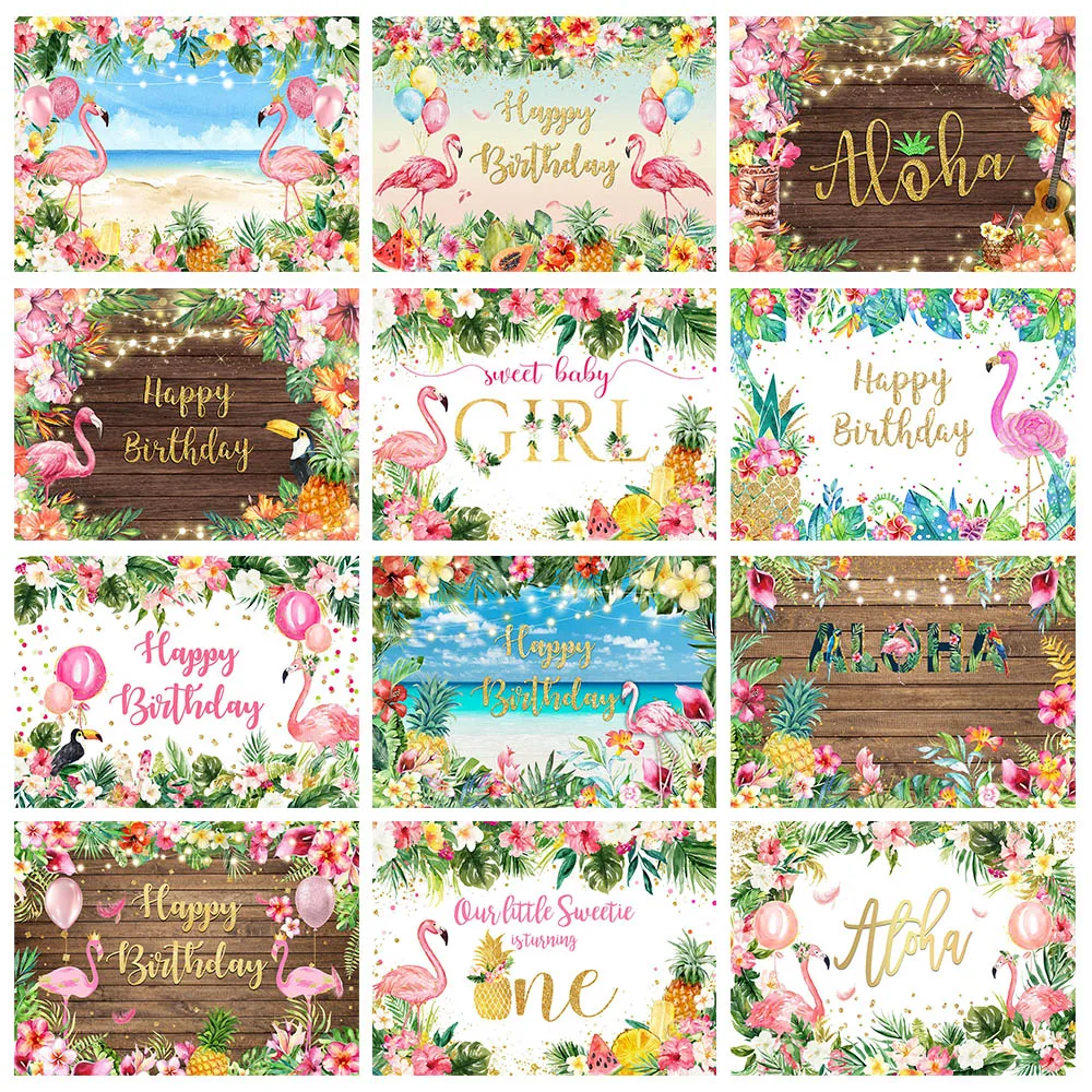 

Summer Flamingo Birthday Party Backdrop Decor Hawaii Aloha Tropical Flower Palm Leaves Photo Background Studio Photography Props
