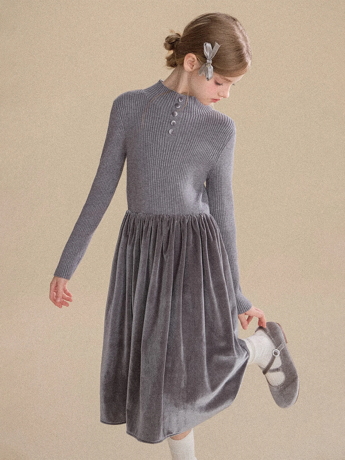 Girls Knit Velvet Dress – Fleece Lined Mock Neck Dress for Fall Winter, Warm Party Outfit for Toddler Kids