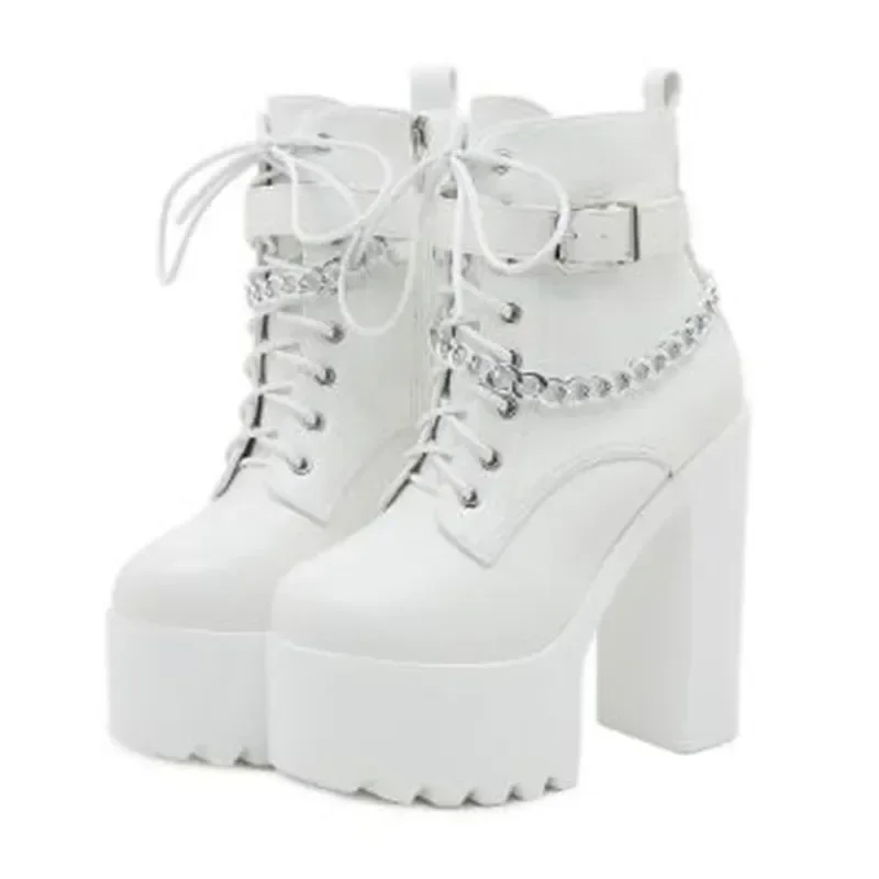 NEW Gothic Buckle Strap Ankle Boots Women Leather Platform Block Chunky Heels Chain Ultra High Heels Motorcycle Boot Botas Mujer