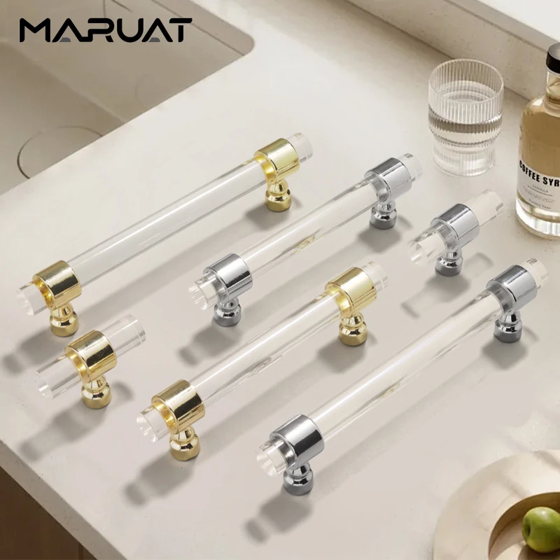 Modern Minimalist Zinc Alloy Acrylic Kitchen Cabinet and Storage Handles Wardrobe Door Pulls Drawer Knobs Gold Furniture Handles