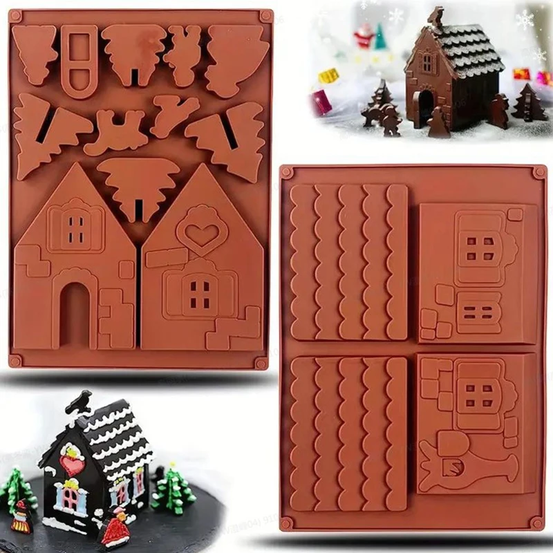 2Pcs Chocolate DIY Christmas House Silicone Mold Set For Baking Cake Cookies Fondant Cake Mould DIY Xmas Home Decoration Navidad