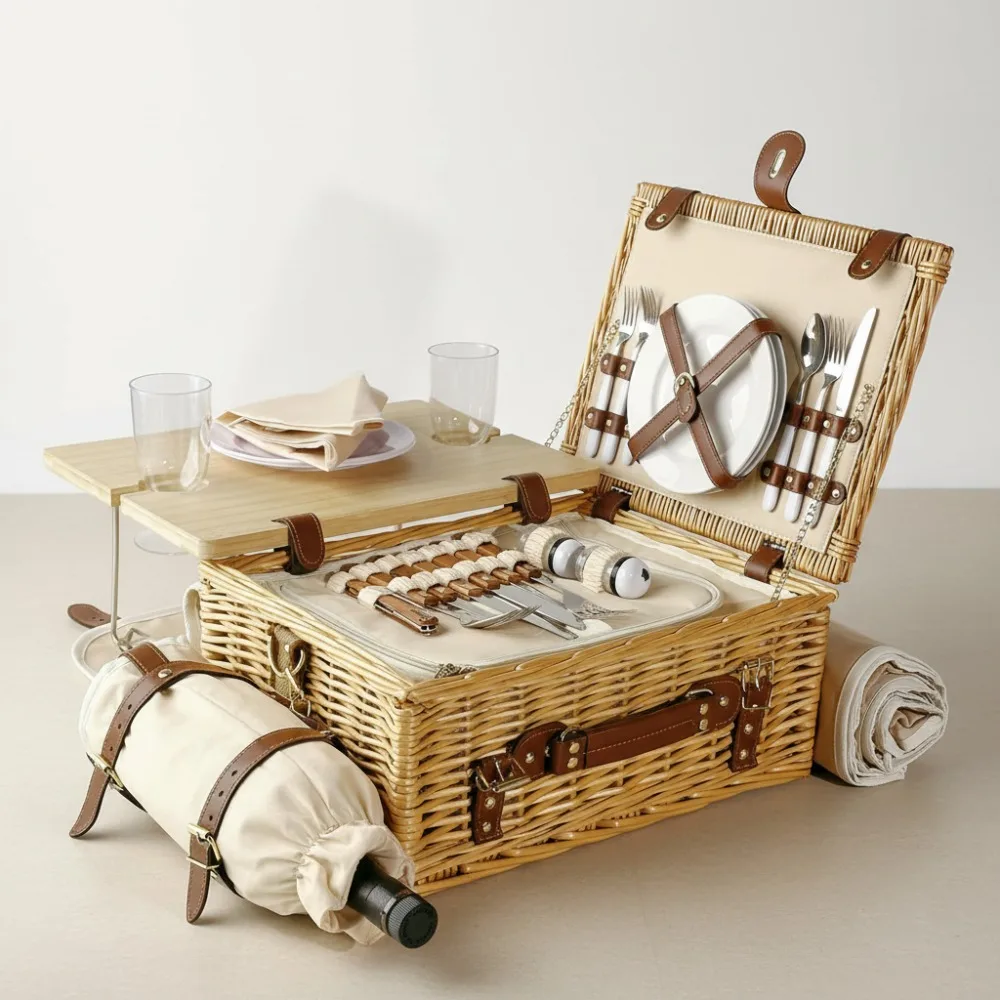 

Набор корзин для пикника премиум-класса из ротанга для 2 взрослых с изолированным отделением, складным столом и одеялом — пляж для кемпинга на открытом воздухе