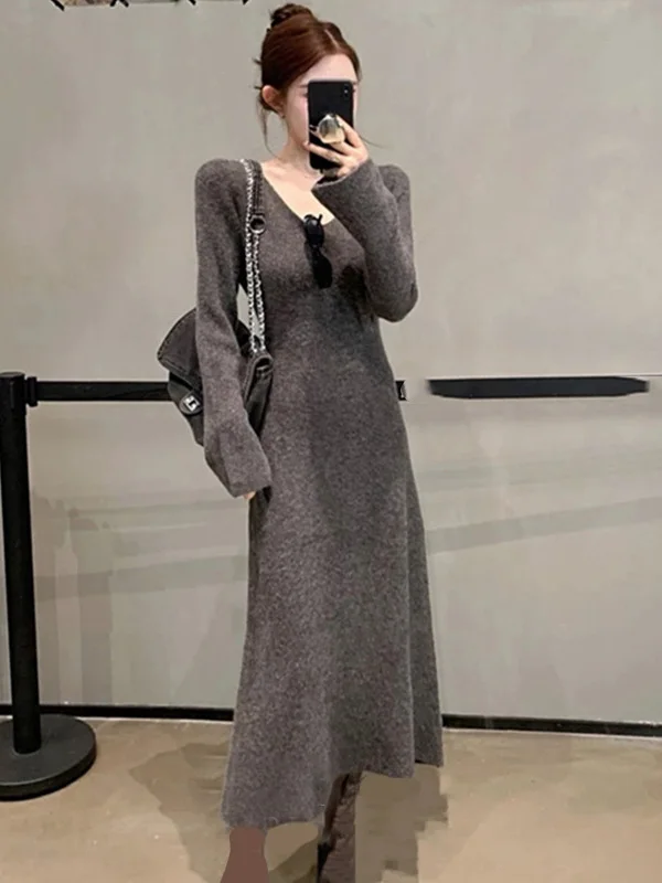 

Корейский коврик V-Ne Long Sve Трикотажное платье Женское зимнее модное платье Ele Slim Fit A-Line Long Dr Повседневная одежда