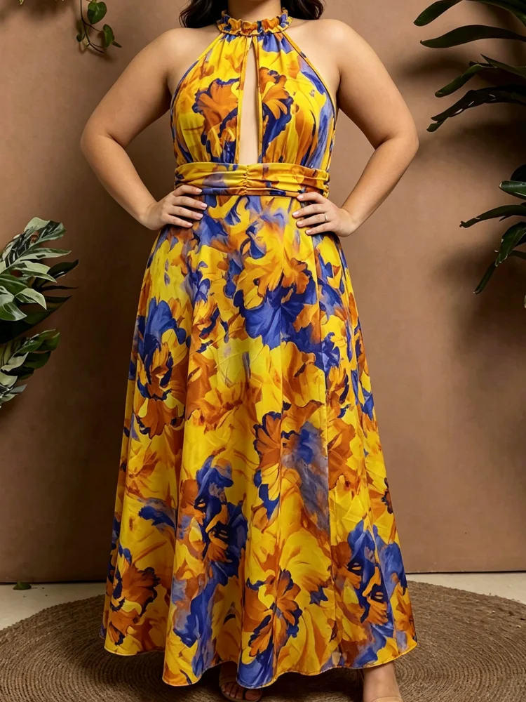 Plus-Size Damenkleid mit Print, schulterfrei, ärmellos, mit plissierter Taille und Schlitz, langes Kleid für Sommer-Strandpartys – Detail 3