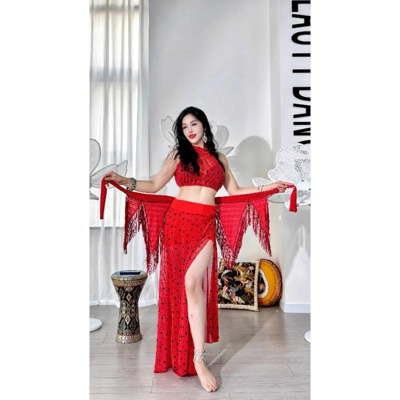 Customized Belly Dance Costumes Set with New Mesh Strapless and Slit Skirt Waist Less Red Polka Dots Not Including Hip Towel