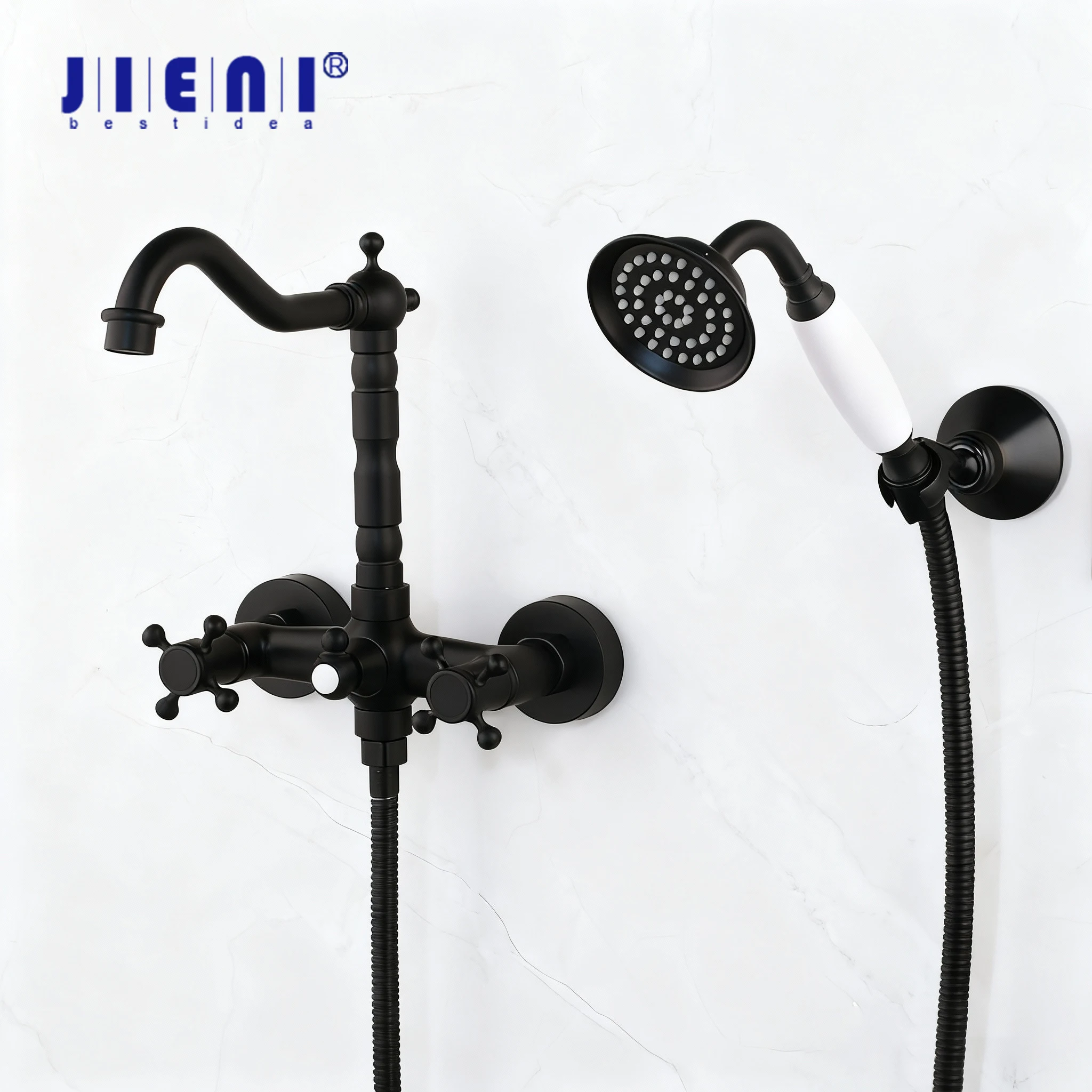 

JIENI ORB Black Wall Mounted Bathroom Basin Sink Faucets Bathtub Shower Faucet Dual Handles Holes Mixer Tap Shower Set
