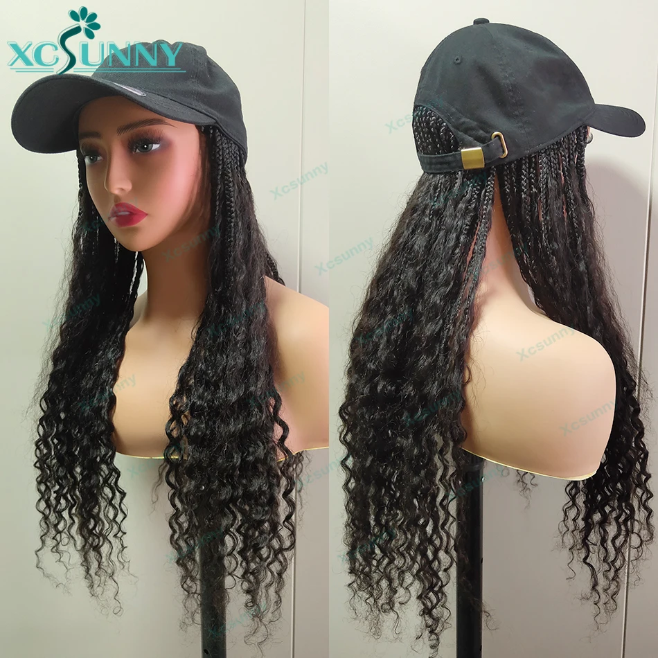 z kręconymi włosami Boho Box Braids Baseball Cap Hat Wig Bohemian with Human Hair Curly Ends Braided Hair Extensions Cap Wig Braid