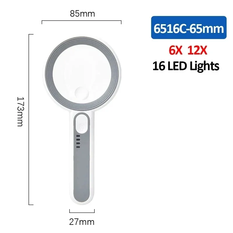 Rechargeable 12X Handheld Magnifying Glass with 3 Modes LED Light for Seniors Reading Repair Jewelry Craft Inspection