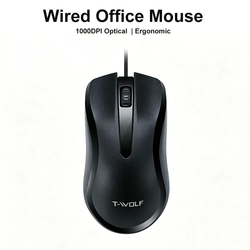 1000DPI Ergonomic USB Wired Office Mouse 1.4m Cable Optical Tracking Comfort Grip Full Size for Home Business PC Laptop Desktop