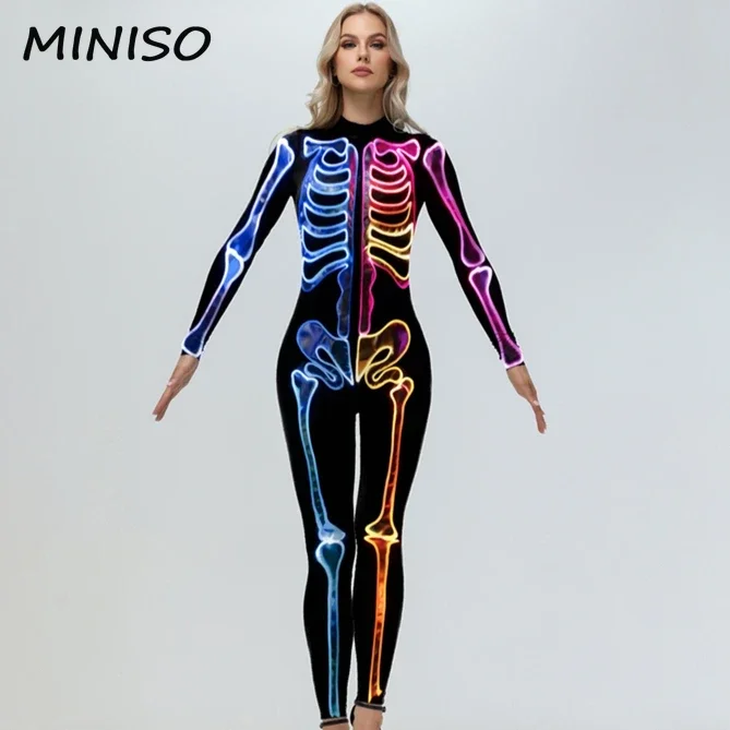 Halloween MINISO Cosplay Abbigliamento donna Scheletro Stampa 3D Costumi Catsuit Abiti Cosplay Dress Up Tuta Zentai Tuta