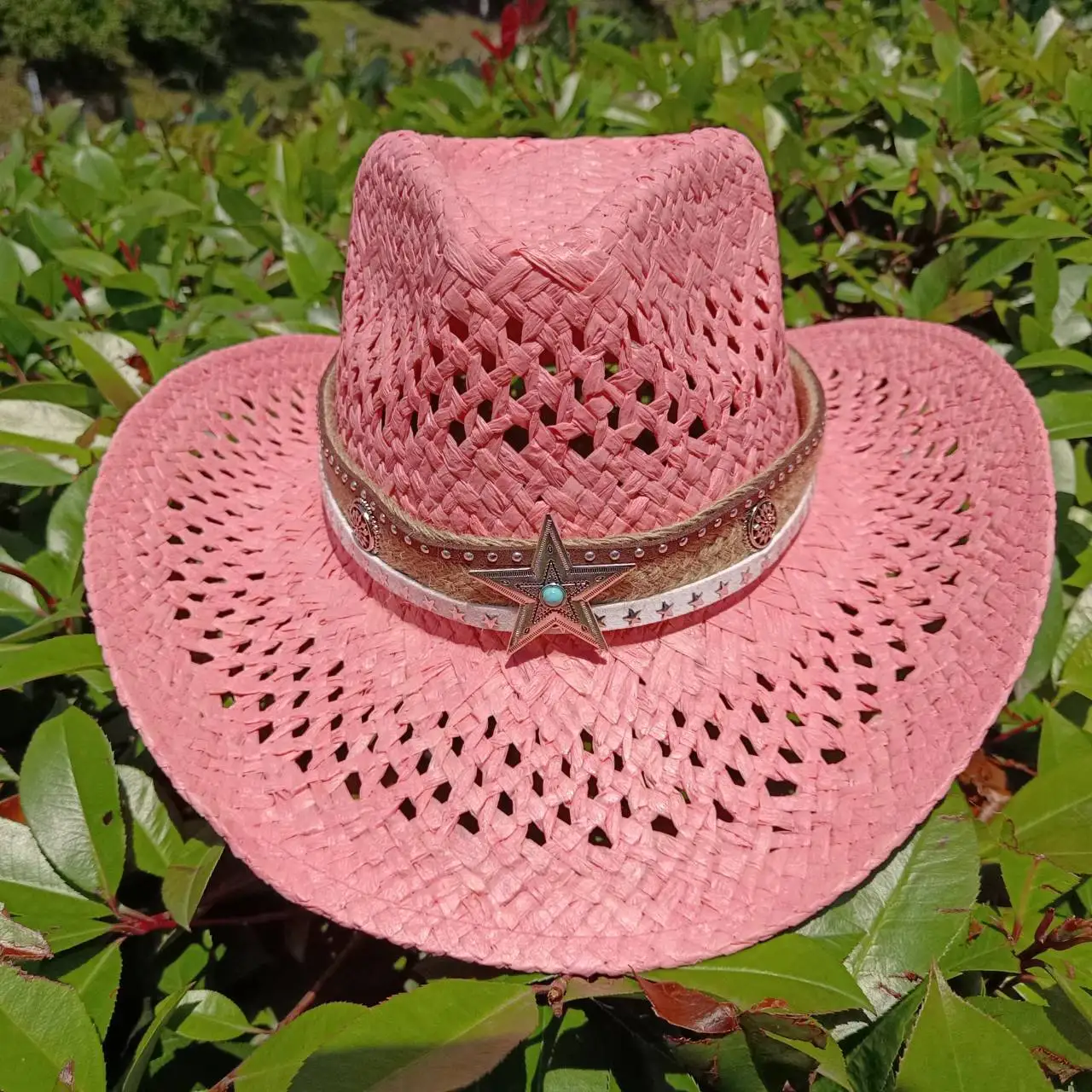 Watermelon Powder Hollow Cowboy Straw Hat Vintage Straw Hat Men's and Women's Jazz Large Cowboy Hat Straw Hat Cowboy Hat