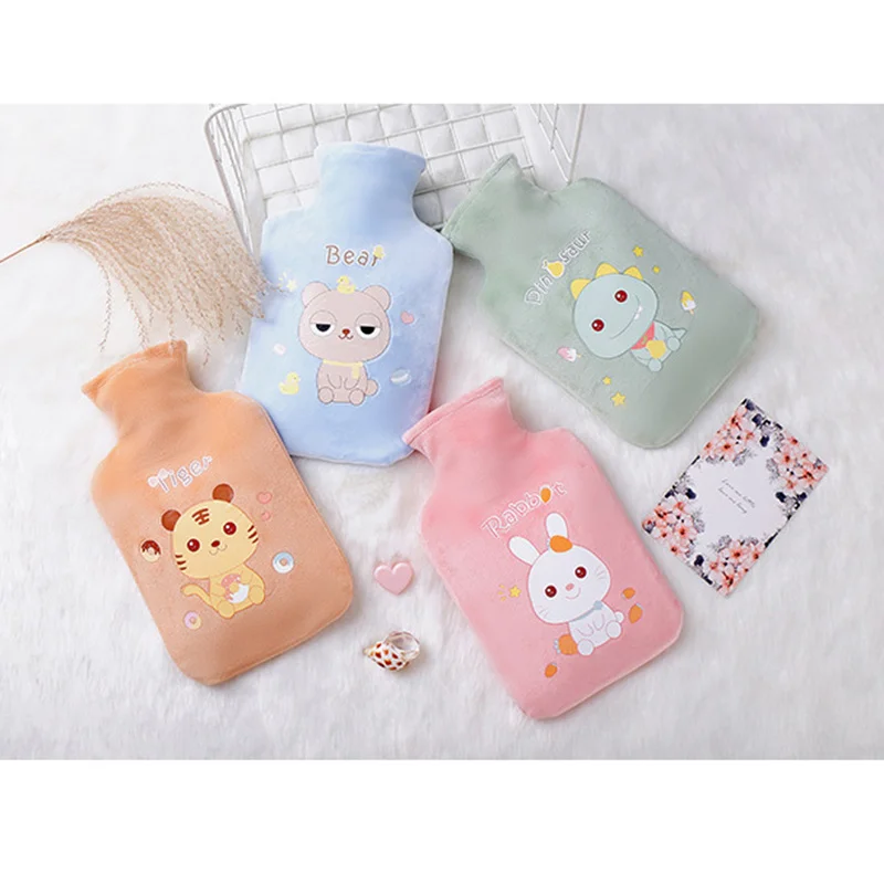 Bolsa de agua caliente de 500ML/1000ML, botella de agua Kawaii con patrón de animales, calentador de manos grueso, calentador de pies