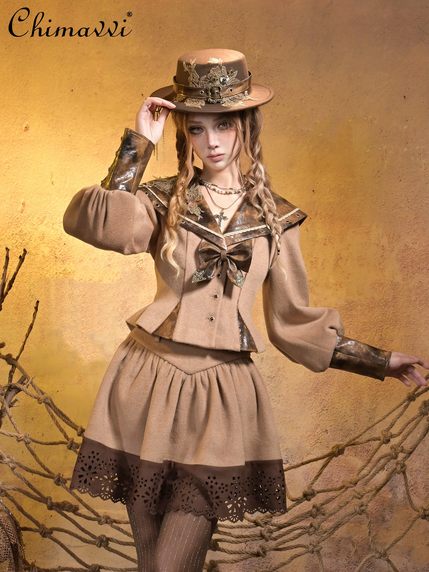 

Original Punk Retro Girl Navy Collar College Long Sleeve Slim Short Coat Top High Waist Skirt Winter New Women's Woolen Suit