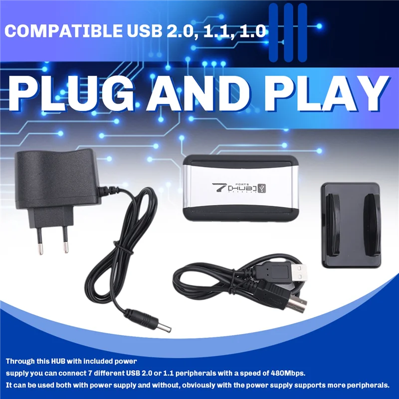 Eu Plug External Hub 7 Usb 2.0 Ports With Multi-Socket Power Supply Slot For Notebook Pc Mac-N36R