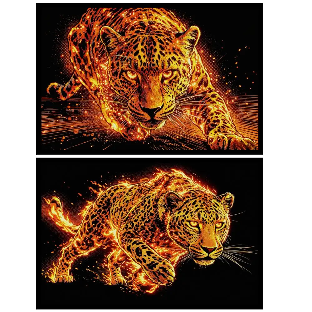 Oversize Fiery Crouching Leopard Canvas Print Abstract Flame Effect Wildlife Animal Modern Wall Art for Man Cave Game Room