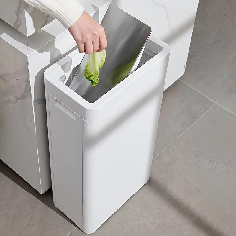 

32L/25L Large Capacity Slim Rectangular Modern White/Black Plastic Trash Can with Swivel Lid & Space-Saving Design - Heavy-Duty
