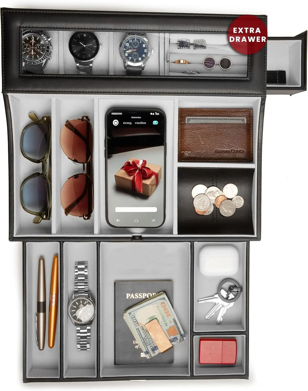 Large Leather Valet Tray Organizer with Charging Station, Jewelry Box for Men, Nightstand Dresser Top Accessories