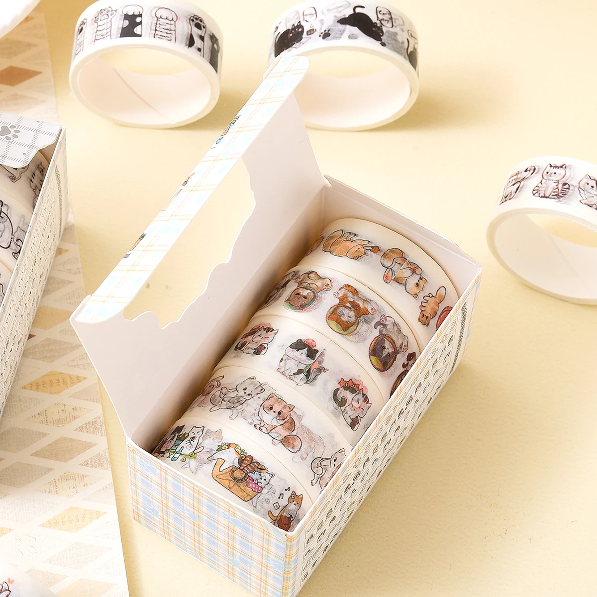 5 ロール、動物柄と和紙テープセット、クリエイティブな猫柄 DIY パンフレットとスクラップブック装飾ファッションテープ