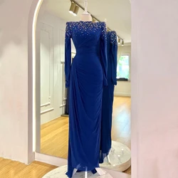 Vintage Pleat Beading Evening Dress Sheath Long Sleeve Floor Length Women Party Banquet Zopper Gowns Custom Made for Event