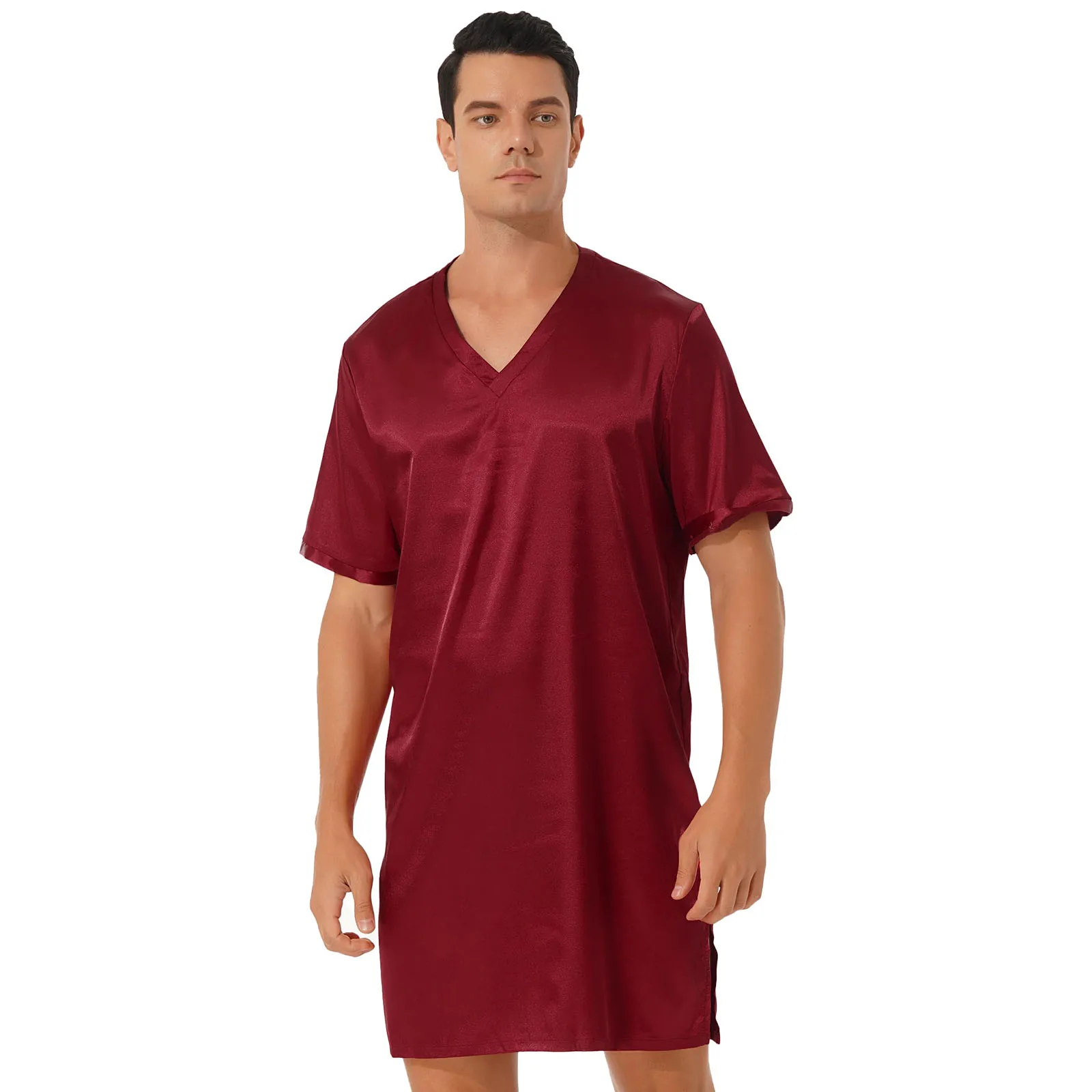 

Mens Silky Satin Nightgown Sleepwear Solid Color Short Sleeve Sleep Shirts Nightdress Pajama Nightwear Homewear Loungewear