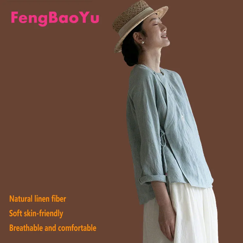 

Женская рубашка Fengbaoyu из 100% натурального льна в ретро-стиле: элегантный повседневный топ, идеальный для отдыха и комфорта во время отпуска